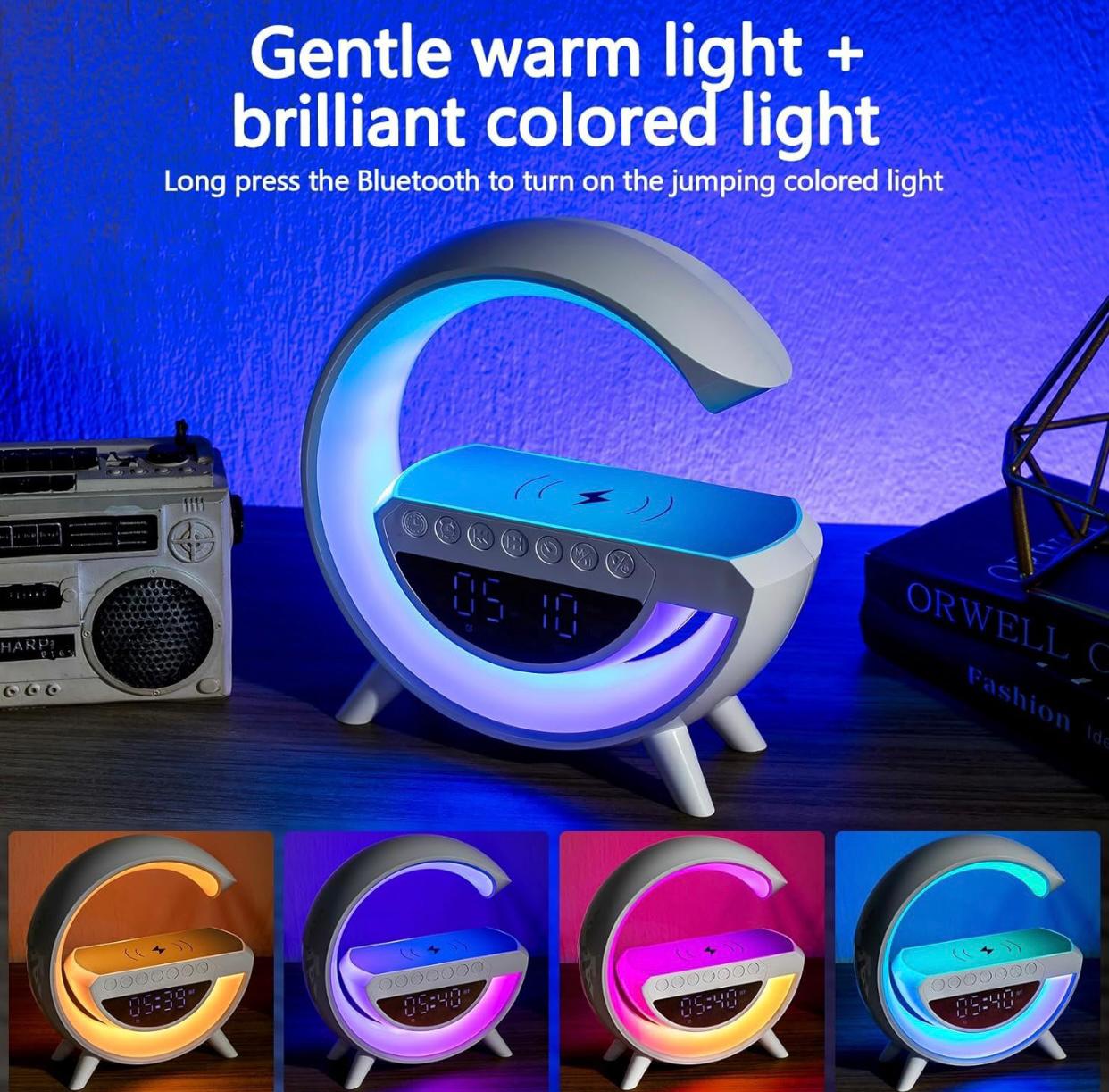 G-shape Multifunctional Lamp &alarm clock with Bluetooth Speaker and Wireless Charging,6 in 1