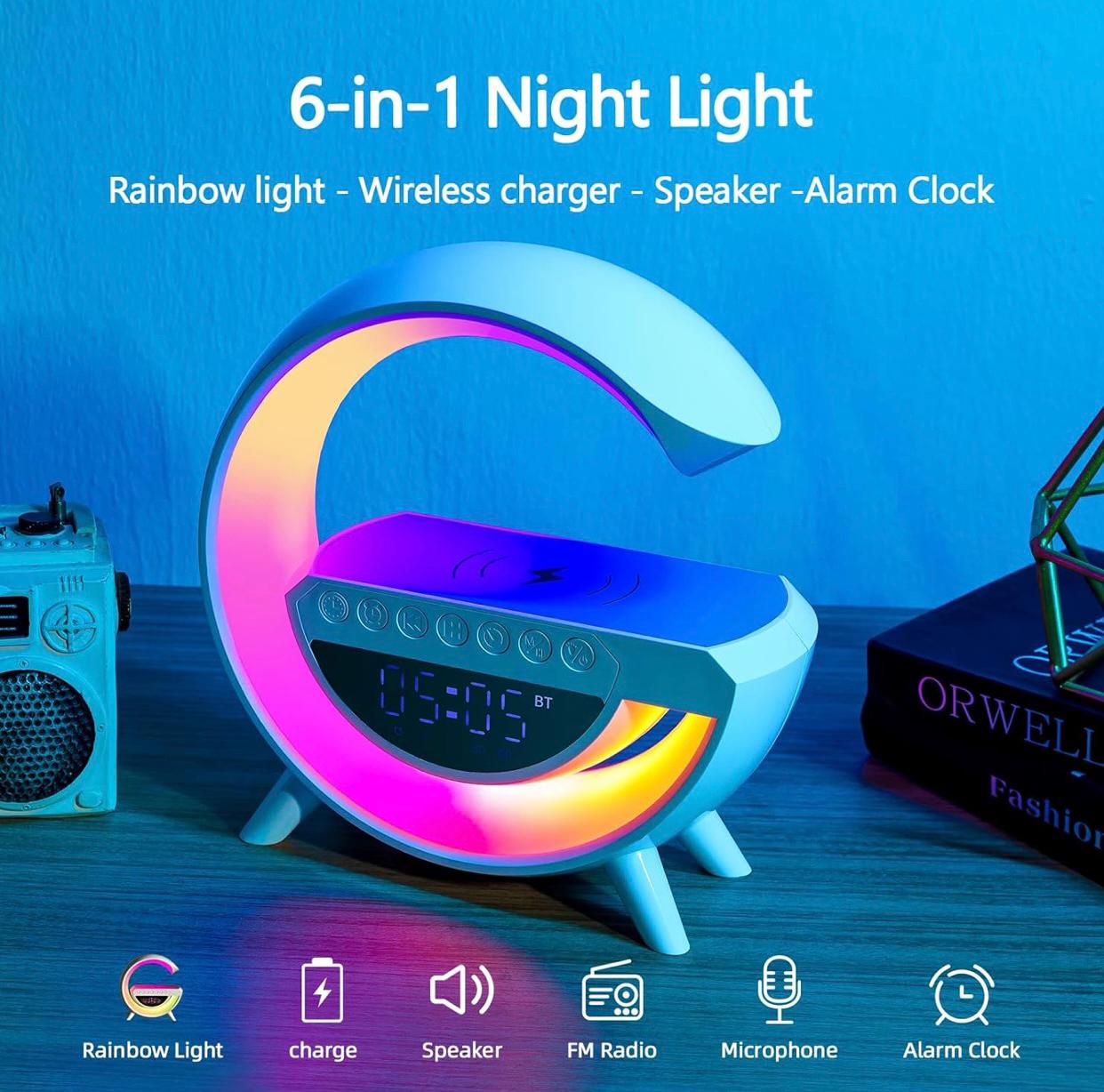 G-shape Multifunctional Lamp &alarm clock with Bluetooth Speaker and Wireless Charging,6 in 1